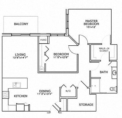 Floor plan for 2 beds, 1 bath, 1146 sqft